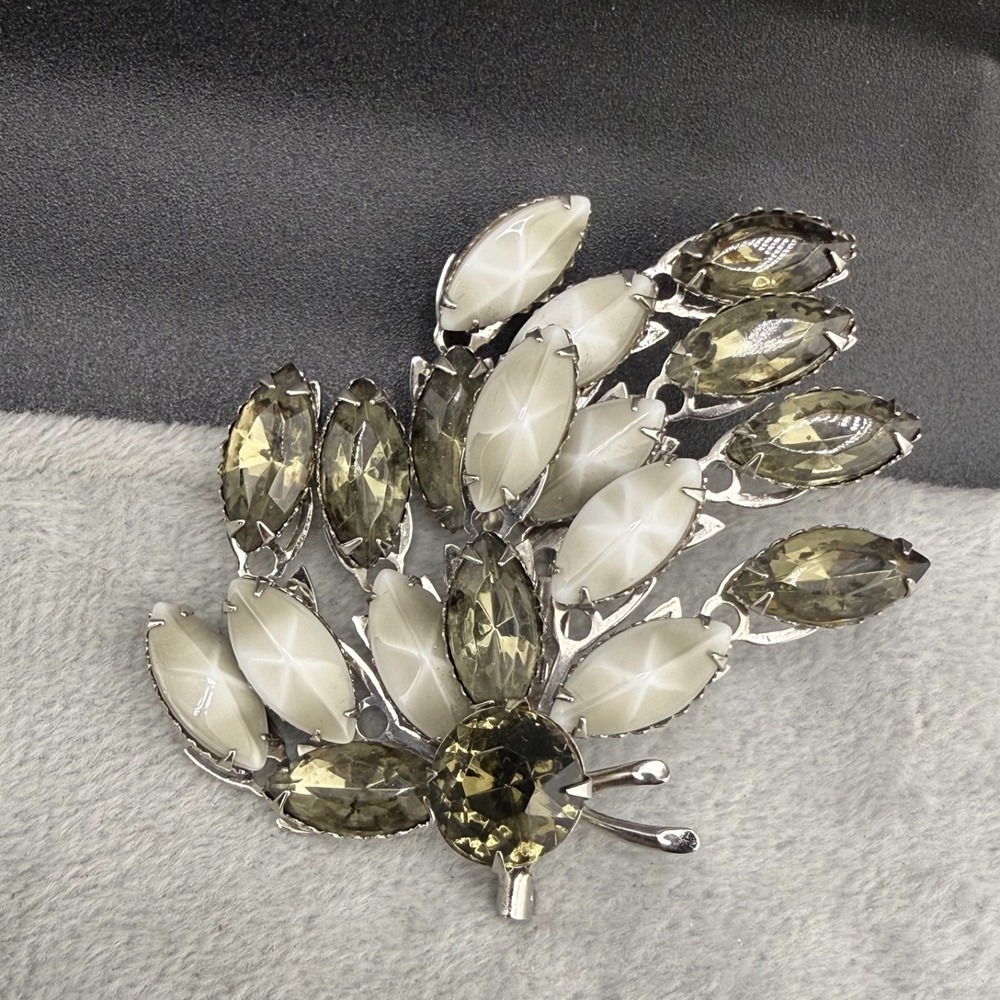 Vintage‎ Rhinestone Brooch Silver Tone Smokey